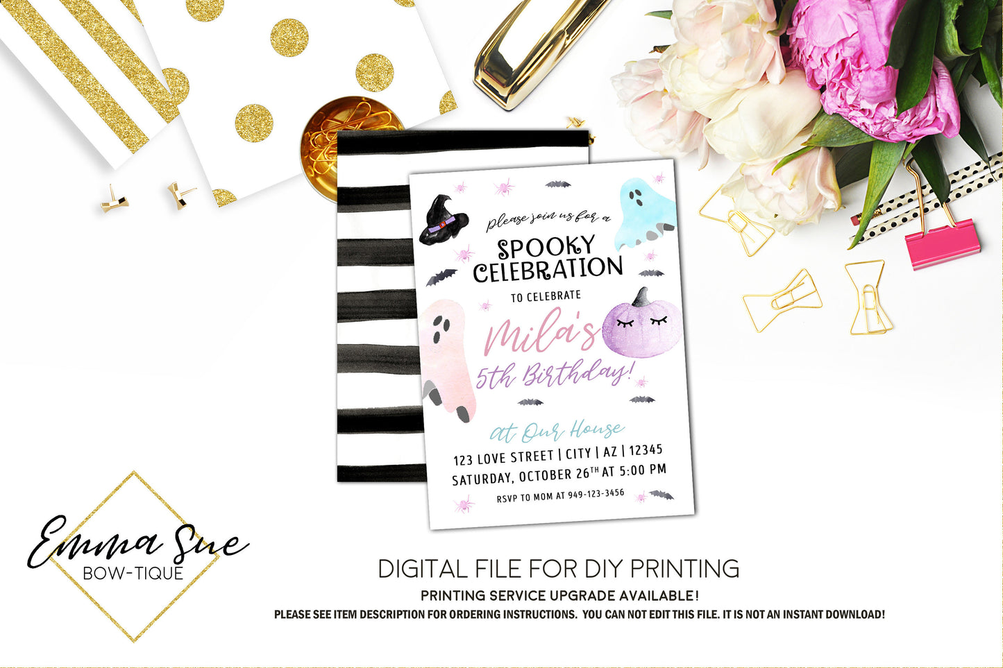 Spooky Celebration Pastel Pumpkins and Ghost - Halloween Birthday Party invitation Printable - Digital File  (pastel-spooky)