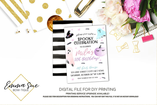 Spooky Celebration Pastel Pumpkins and Ghost - Halloween Birthday Party invitation Printable - Digital File (pastel-spooky)