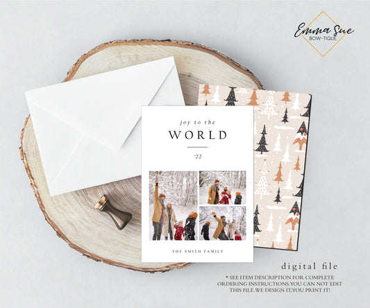 Joy to the World Minimalist Boho Merry Christmas Card - Family Photo Holiday card - Digital File (joy-world minimalist)