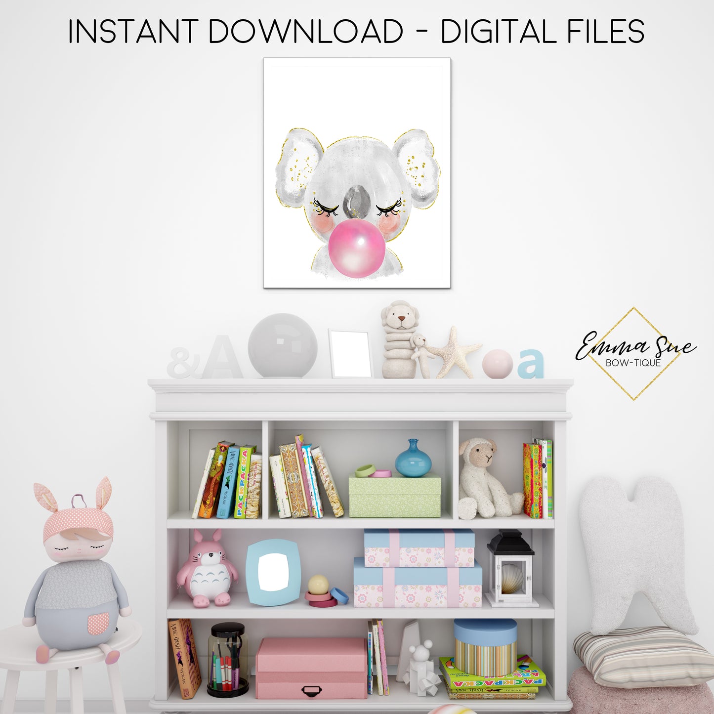 Watercolor Bubble Gum Koala Bear Zoo Animal - Kid's Room Or Baby Nursery Printable Wall Art - Digital File