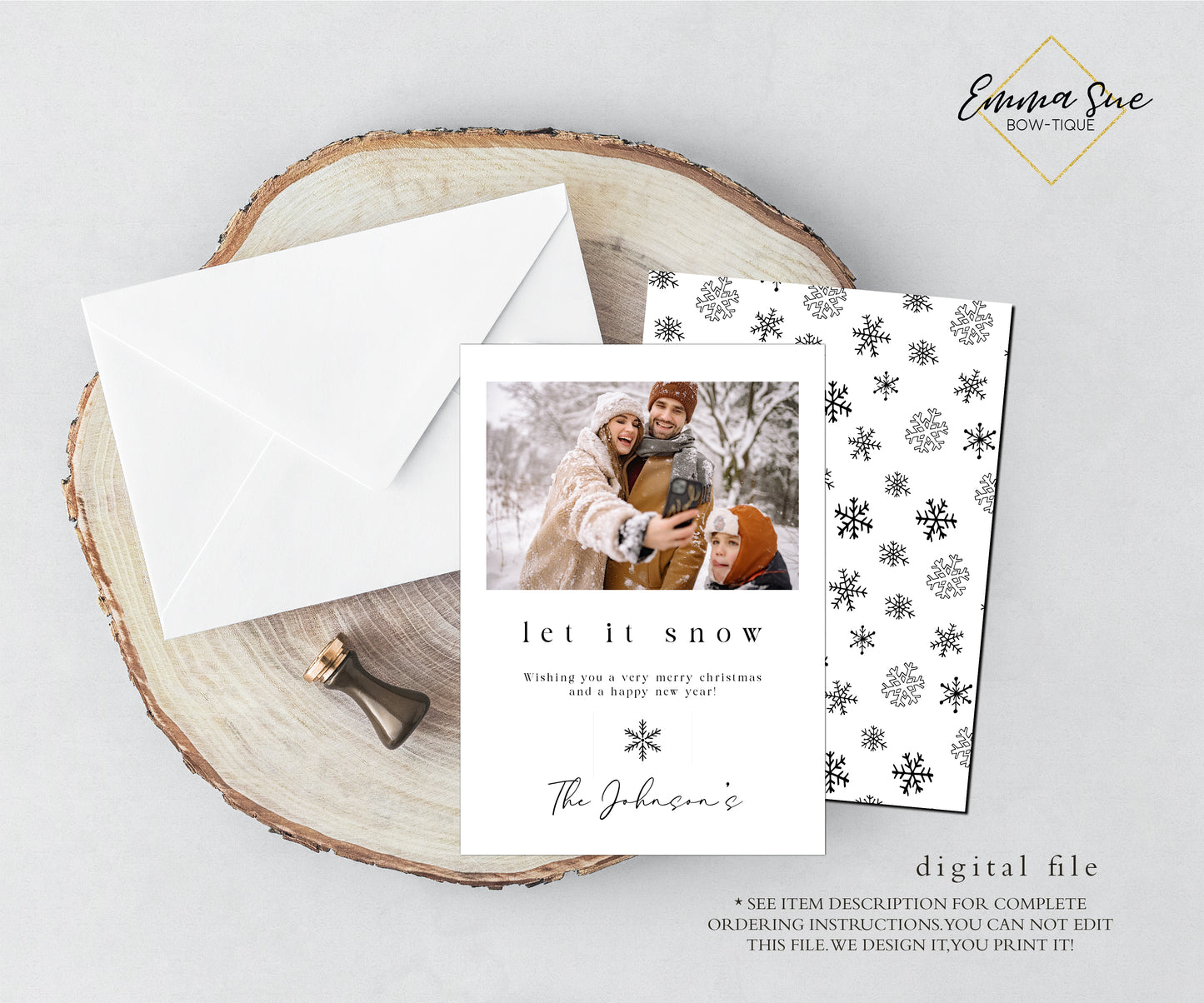 Let it snow snowflake Minimalist Christmas Card - Family Photo Holiday card - Digital File (let-snow))