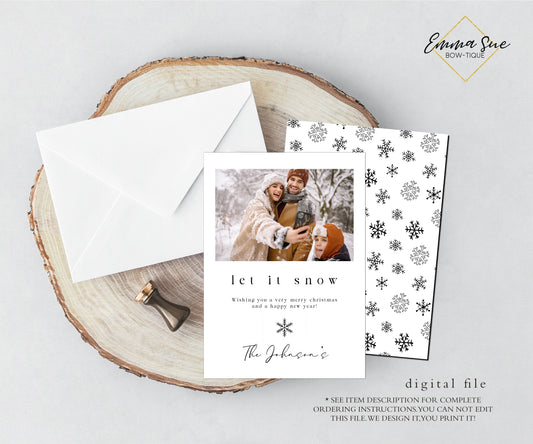 Let it snow snowflake Minimalist Christmas Card - Family Photo Holiday card - Digital File (let-snow))