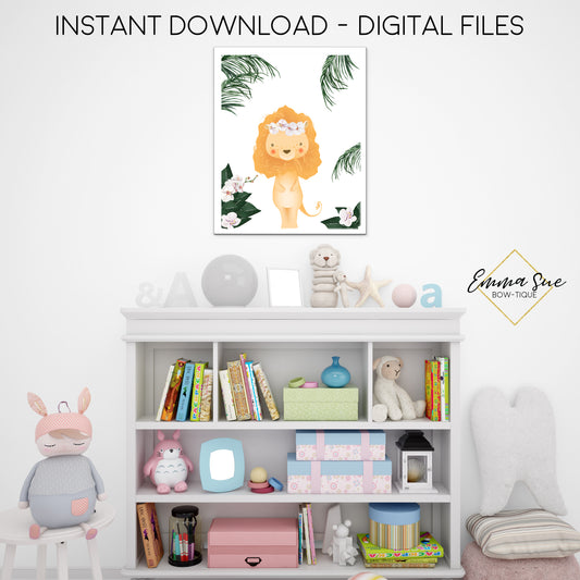 Tropical Jungle Safari Floral Lion Wall Art - Girl's Nursery, Playroom, Bedroom Printable Sign  - Digital File - Instant Download