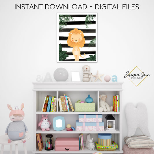 Jungle Safari Lion Wall Art with Black and White Stripe - Kid's Nursery, Playroom, Bedroom Printable Sign - Digital File - Instant Download