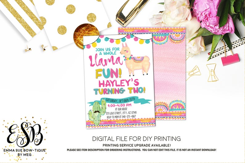 A whole Llama Fun - Girl's Birthday Party Invitation Printable - Digital File (llama-01white)