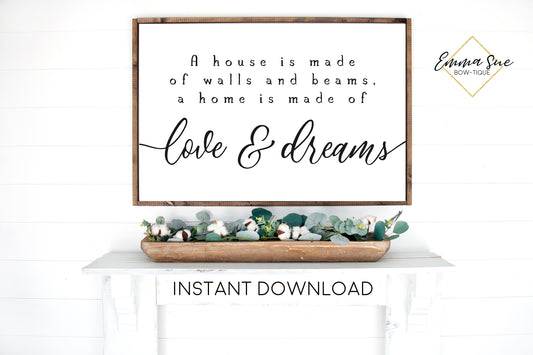 A house is built of walls and beams, a home is built of love and dreams - Family quotes Wall art Farmhouse Printable Sign - Instant Download