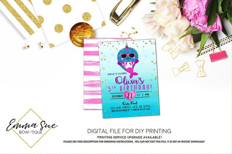 Narwhal Pool Party Girls Birthday invitation Printable - Digital File (narwhal-poolparty)