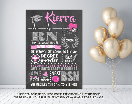 Nursing Graduation Sign Photo Prop - BSN, LVN, LPN, RN, or any Degree - Personalized Chalkboard Sign- DIGITAL FILE (Nurse-CustomSilver)