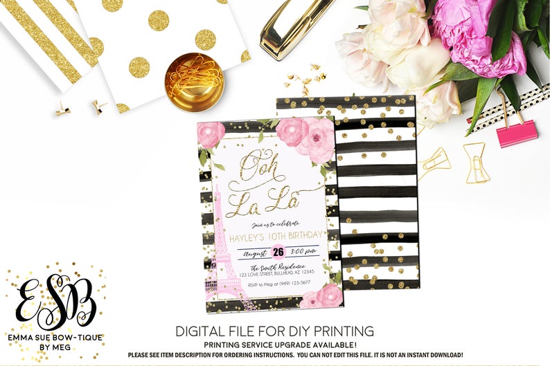 Ooh La La - Paris Eiffel Tower Birthday Party Invitation Printable - Digital File (Paris-BWflowers)