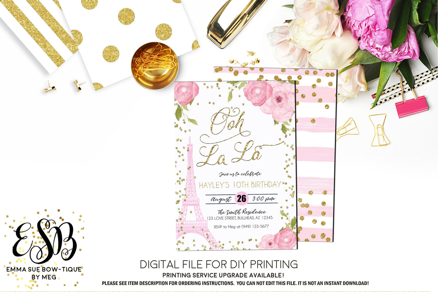 Ooh La La - Paris Eiffel Tower Birthday Party Invitation Printable - Digital File  (Paris-Pnkflowers)