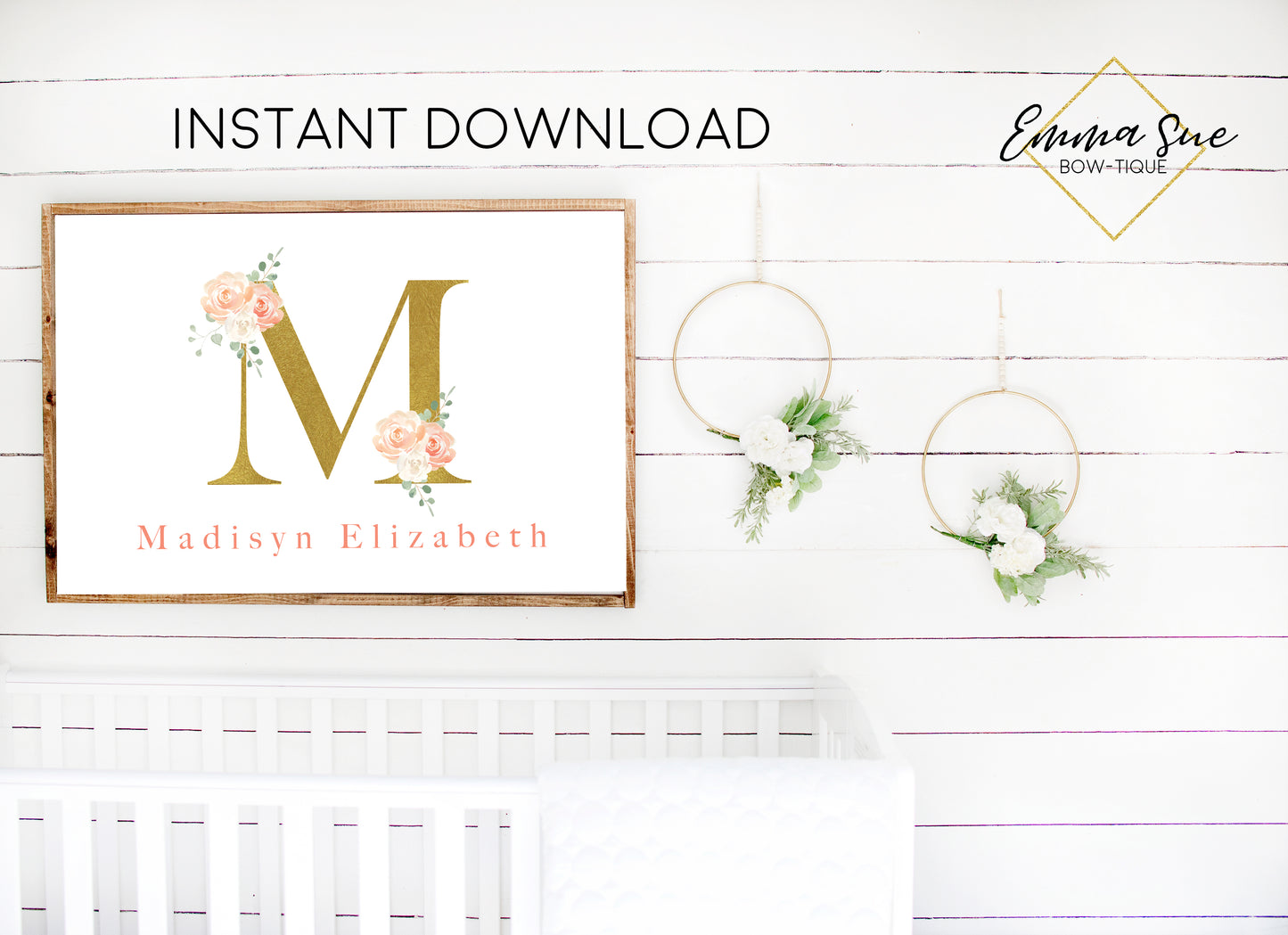 Peach Blush & Gold Watercolor Floral Personalized Monogram Baby Name & Initial Sign - Kid's Room Or Nursery Printable Wall Art - Digital File (Name-Peach36X24))