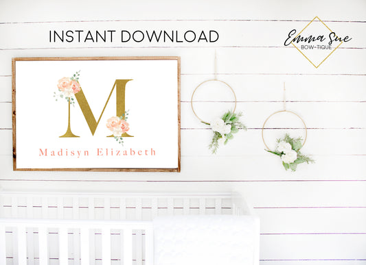Peach Blush & Gold Watercolor Floral Personalized Monogram Baby Name & Initial Sign - Kid's Room Or Nursery Printable Wall Art - Digital File (Name-Peach36X24))