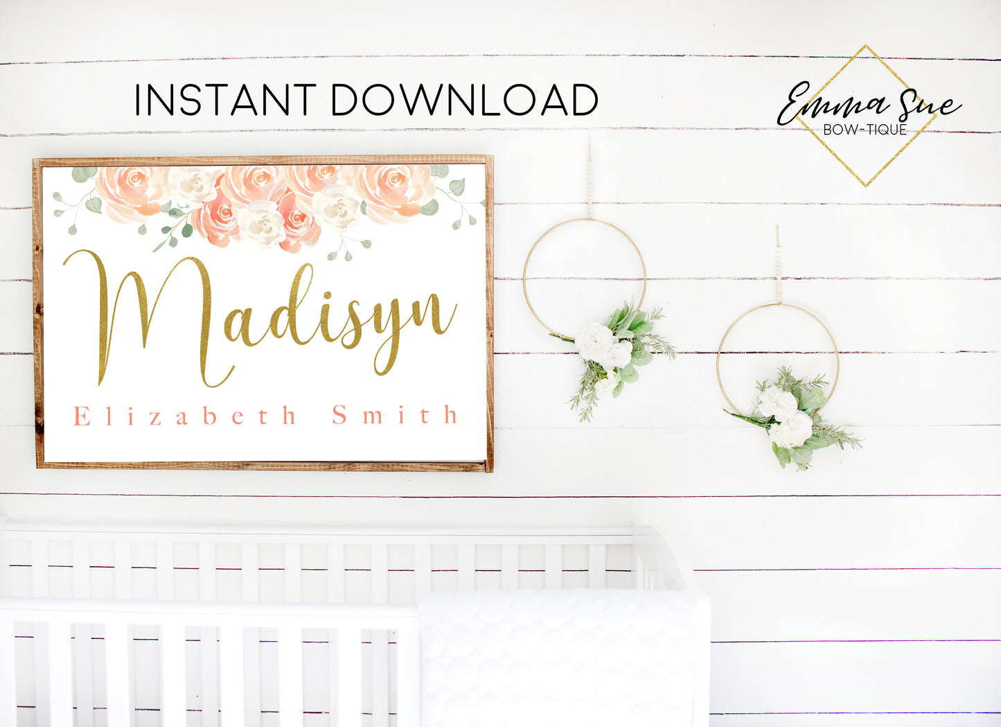Peach Blush & Gold Watercolor Floral Personalized Monogram Baby Name & Initial Sign - Kid's Room Or Nursery Printable Wall Art - Digital File (Name-Peach Script)