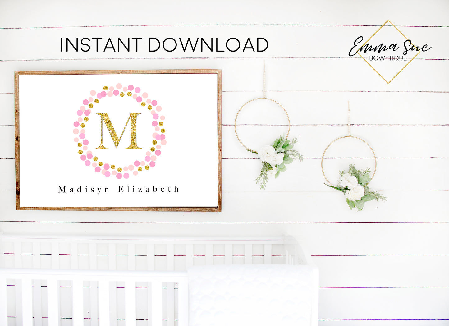 Pink & Gold Confetti Wreath Personalized Monogram Baby Name Sign - Kid's Room Or Nursery Printable Wall Art - Digital File (Name-Pinkconfwreath)