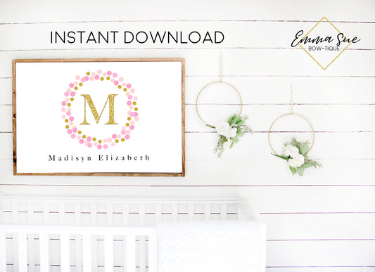 Pink & Gold Confetti Wreath Personalized Monogram Baby Name Sign - Kid's Room Or Nursery Printable Wall Art - Digital File (Name-Pinkconfwreath)