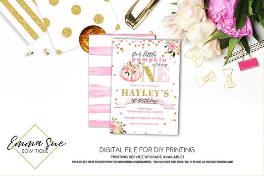 Our Little Pumpkin - Pink and Gold 1st Birthday Party Invitation Printable - Digital File (Pumpkin-onepnk)