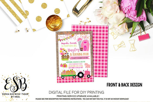 Pink Fall Farm Pumpkin Patch Gingham Birthday Party Invitation Printable - Digital File (Pumpkin-patch18burlap)