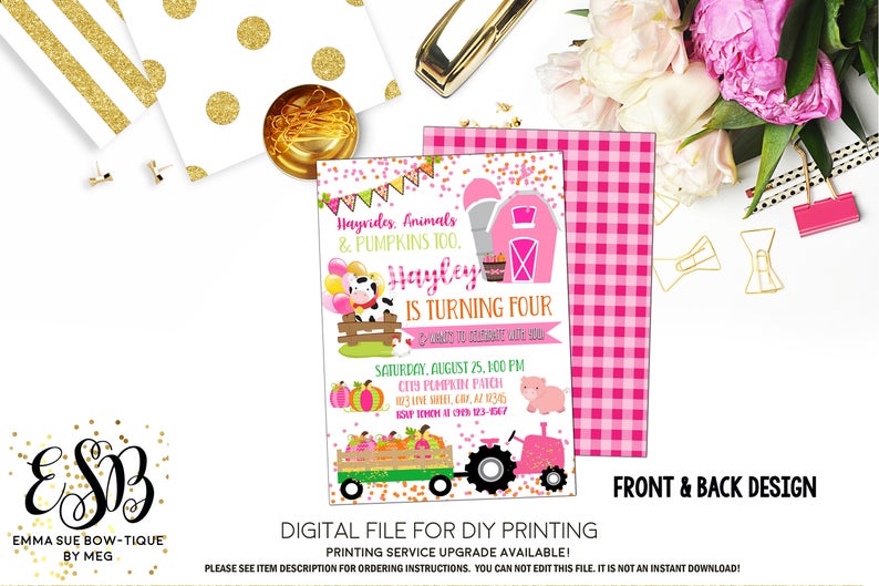 Pink Fall Farm Pumpkin Patch Gingham Birthday Party Invitation Printable - Digital File (Pumpkin-patch18)
