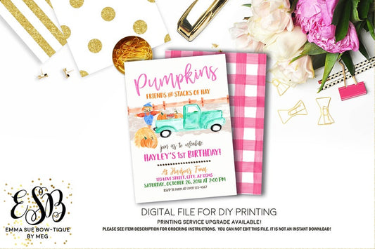 Girl's Vintage Truck - Fall Farm Pumpkin Patch Birthday Party Invitation Printable - Digital File  (Pumpkin-truckgrl)
