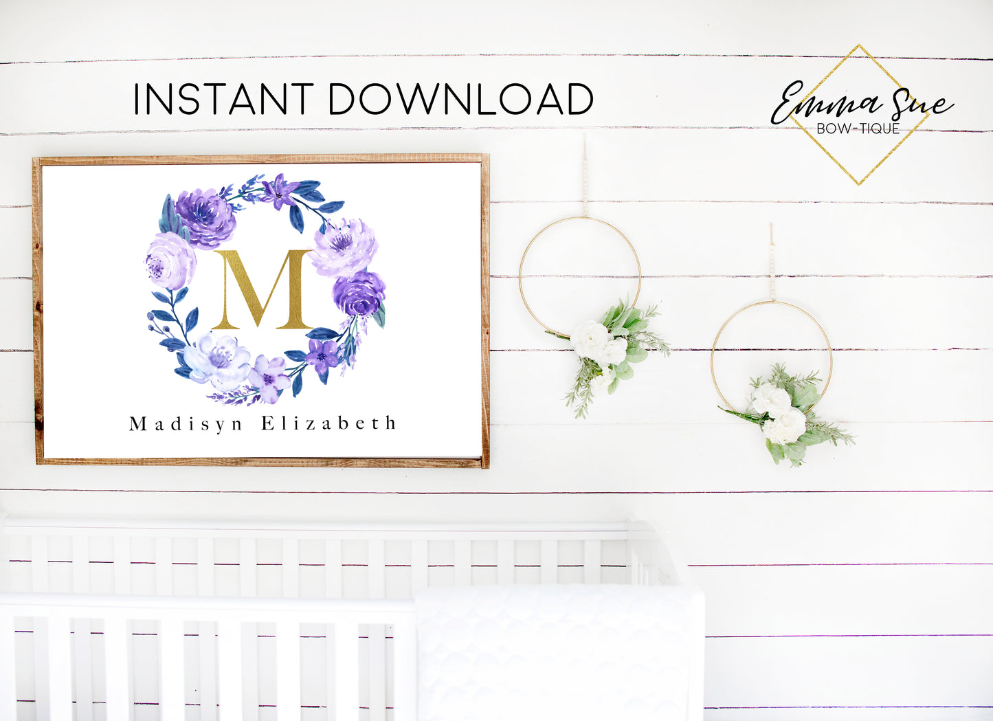 Watercolor Lavender Purple Floral Wreath Personalized Gold Monogram Baby Name Sign - Kid's Room Or Nursery Printable Wall Art - Digital File (Name-Purplewreath)
