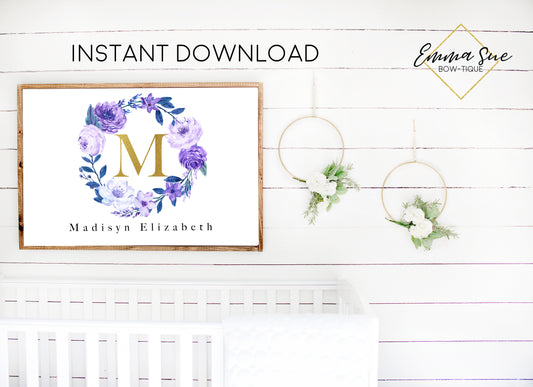 Watercolor Lavender Purple Floral Wreath Personalized Gold Monogram Baby Name Sign - Kid's Room Or Nursery Printable Wall Art  - Digital File (Name-Purplewreath)
