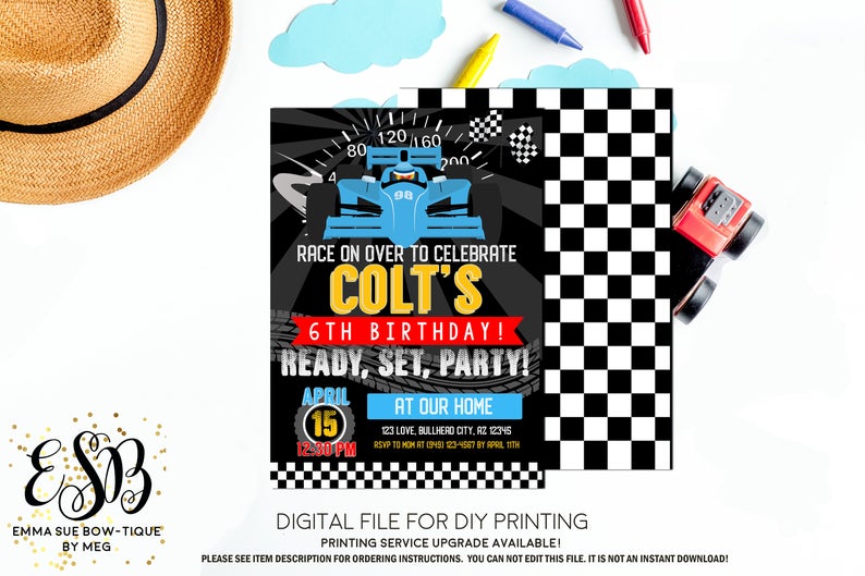 Boy's Race Car Birthday Party Invitation Printable - Digital File (race-carblue)