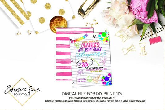 Girl's Sleepover - Pizza Slumber Party Birthday invitation Printable - Digital File  (sleepover-01)