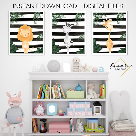 Black & White Stripe Jungle Safari Animals - Giraffe Zebra Lion - Boy's Playroom or Nursery Printable Wall Art Sign- Digital File