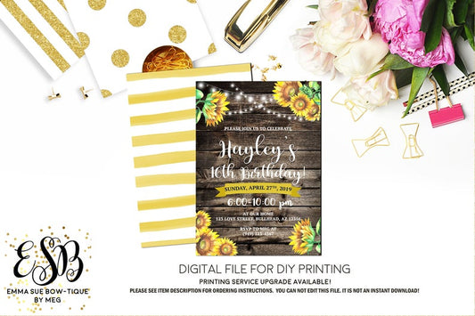 Rustic Country Sunflower Party - Wood and String Lights Any age Birthday Party Invitation Printable - Digital File  (sunflower-wood)