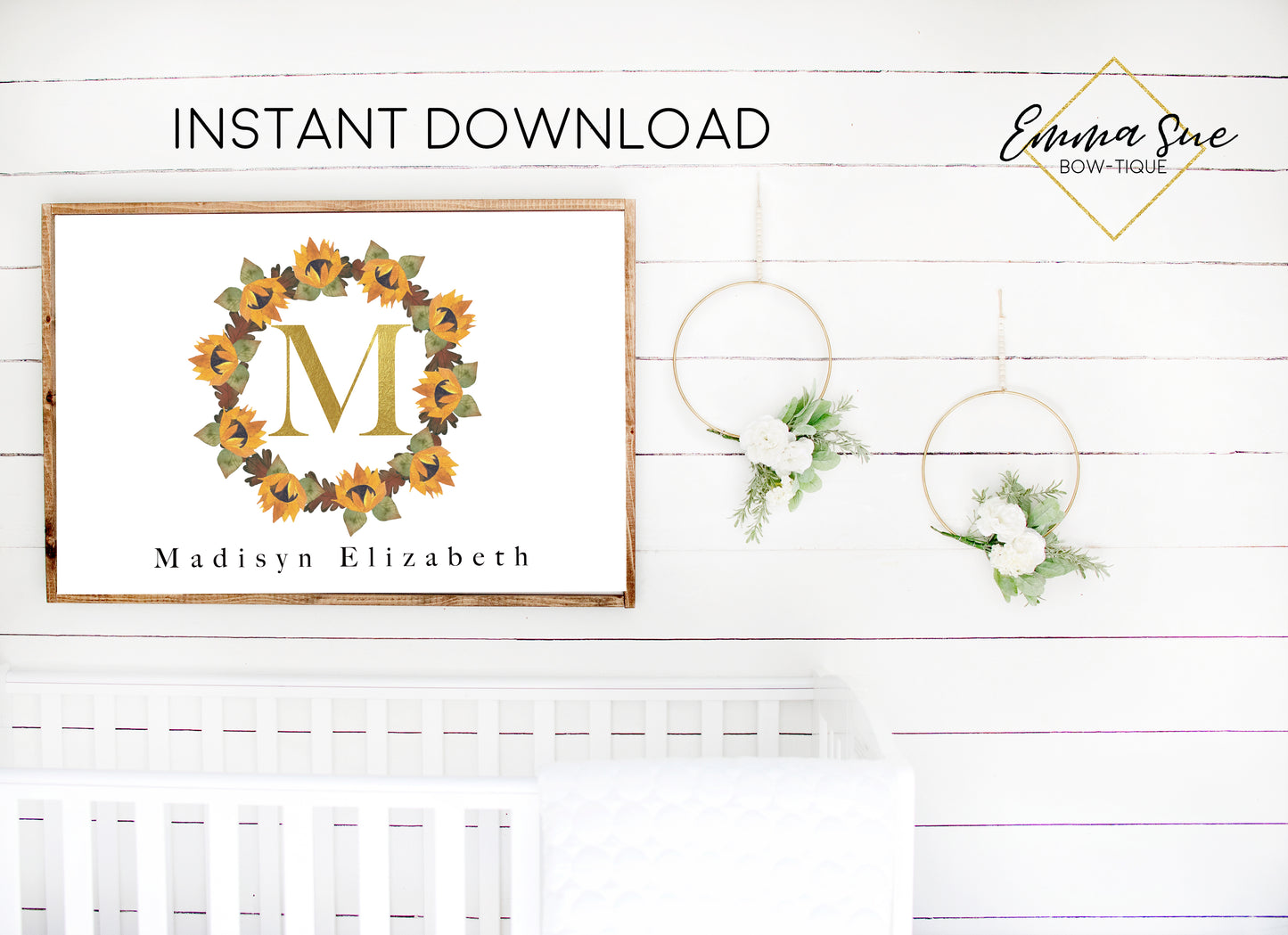 Watercolor Sunflower Wreath Personalized Gold Monogram Baby Name Sign - Kid's Room Or Nursery Printable Wall Art - Digital File (Name-Sunflowerwreath)