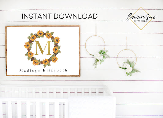 Watercolor Sunflower Wreath Personalized Gold Monogram Baby Name Sign - Kid's Room Or Nursery Printable Wall Art  - Digital File (Name-Sunflowerwreath)