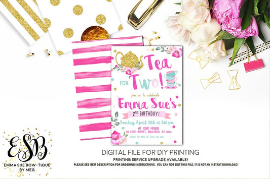 Tea Party - Tea for Two 2nd Birthday Party Invitation Printable - Digital File (Tea-two)