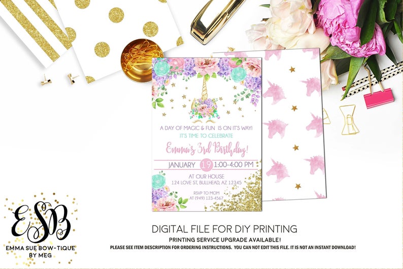 Unicorn Pastel Floral Girl's Birthday invitation Printable - Digital File (unicorn-pastelflower)
