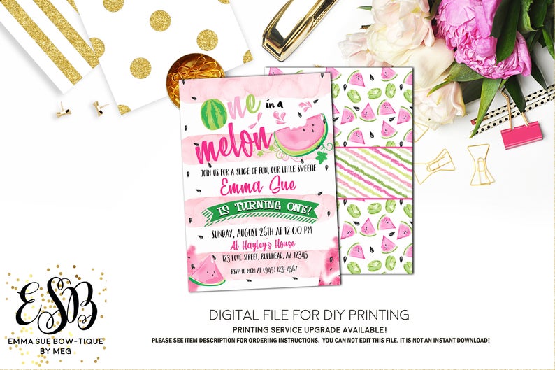 Stripe Watermelon 1st Birthday - One in a Melon Invitation - Digital File Printable (watermelon-onestripe)