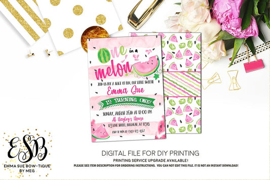 Stripe Watermelon 1st Birthday - One in a Melon Invitation - Digital File Printable (watermelon-onestripe)