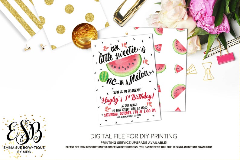Watermelon 1st Birthday - Our Little Sweetie is One in a Melon Invitation - Digital File Printable (watermelon-red)