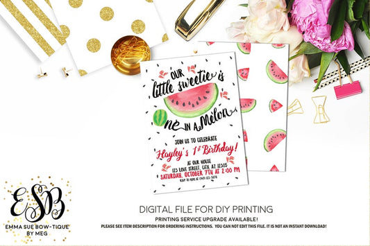 Watermelon 1st Birthday - Our Little Sweetie is One in a Melon Invitation - Digital File Printable (watermelon-red)