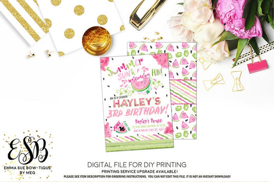 Summer Sun and Watermelon Fun - Watermelon Birthday Invitation - Digital File Printable (watermelon-summer)
