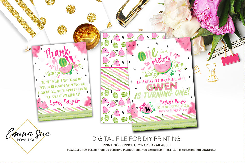 Watermelon 1st Birthday - One in a Melon Invitation - Digital File Printable (watermelon-one)