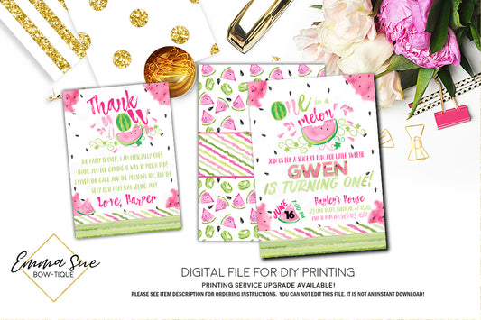 Watermelon 1st Birthday - One in a Melon Invitation - Digital File Printable (watermelon-one)