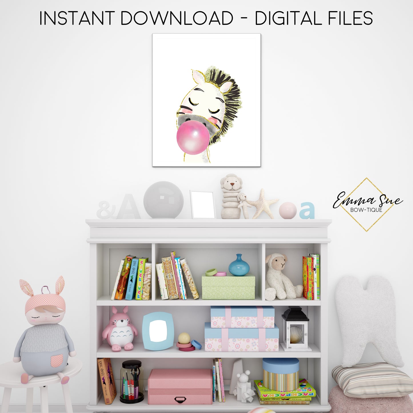 Watercolor Bubble Gum Zebra Zoo Animal - Kid's Room Or Baby Nursery Printable Wall Art - Digital File