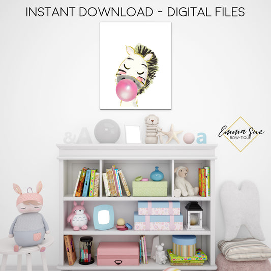 Watercolor Bubble Gum Zebra Zoo Animal - Kid's Room Or Baby Nursery Printable Wall Art  - Digital File