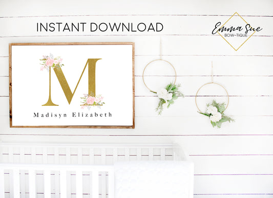 Pink Blush & Gold Watercolor Floral Personalized Monogram Baby Name Sign - Kid's Room Or Nursery Printable Wall Art  - Digital File (Name-blush3624)