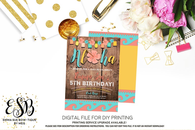 Aloha Luau Hawaiian Birthday Party invitation Printable - Digital File  (aloha-luau2018)