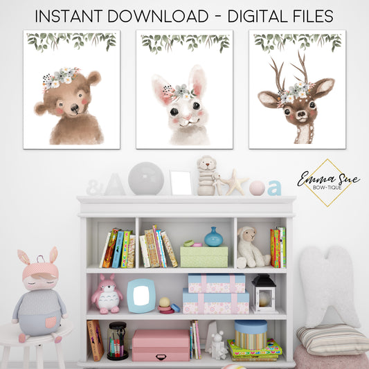 Woodland Forest Animals with Flowers Watercolor Signs - Bunny Deer Bear - Baby Girl Playroom or Nursery Printable Wall Art Sign- Digital File