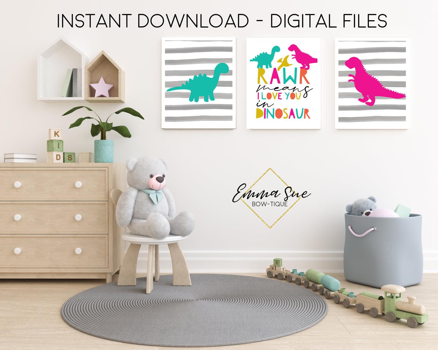 Girl's Rawr Means I Love You in Dinosaur Set - Kid's Room Or Baby Nursery Printable Wall Art  - Digital File