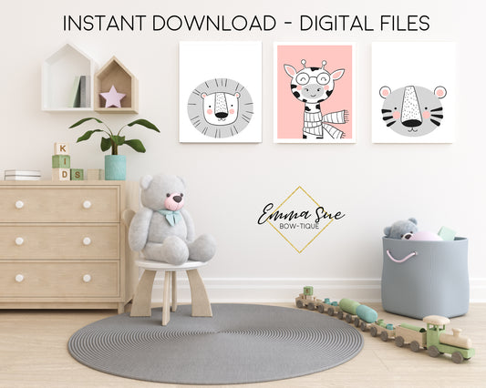 Scandinavian Animals Giraffe, Lion & Tiger - Kid's Room Or Baby Nursery Printable Wall Art  - Digital File