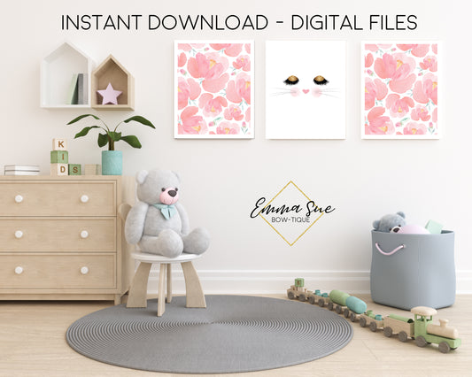 Kitten Face with Watercolor Pink Flowers - Cat Kid's Room Or Baby Nursery Printable Wall Art  - Digital File