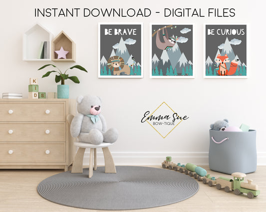 Woodland Forest Animals Be Brave, Be Curious Lion Fox Sloth - Kid's Room Or Baby Nursery Printable Wall Art  - Digital File