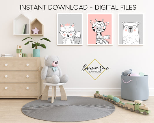 Scandinavian Animals Giraffe, Fox & Polar Bear - Kid's Room Or Baby Nursery Printable Wall Art  - Digital File